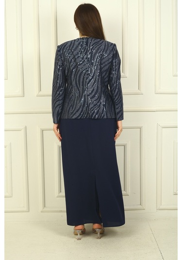 Kadın Pulpayet Ceket Yarım Ay Kollu Bluz Astarlı Krep Uzun Etek Büyük Beden 3'lü Takım Lacivert Kadın Pulpayet Ceket Yarım Ay Kollu Bluz Astarlı Krep Uzun Etek Büyük Beden 3'lü Takım Lacivert