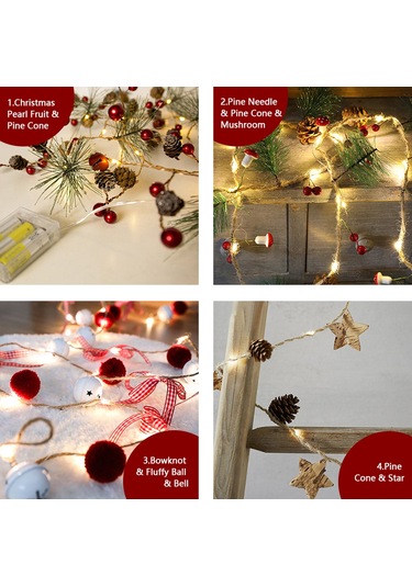 Geeksen Noel Led Işık Zinciri 2m 20 Işık, Çam İğnesi, Kozalak Ve Mantar Dekorasyonu, Pil Beslemeli Pil Yok Diğer