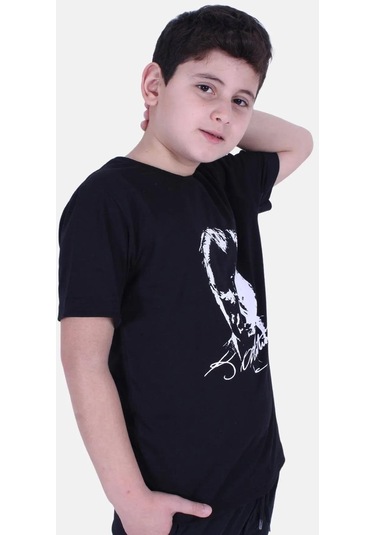 Atatürk Baskılı İmzalı Siyah Unisex Çocuk T-shırt-siyah Siyah