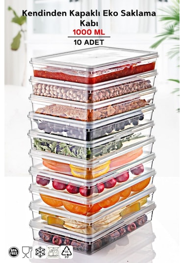 Nandy Home Kendinden Kapaklı Derin Dondurucuya Uygun Saklama Kabı 10 Adet 1 L Beyaz