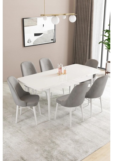 Sar Pakete Almira Serisi, Beyaz 80x132 Açılabilir Mdf Mutfak Masası Takımı 6 Adet Sandalye Gri Sar Pakete Almira Serisi, Beyaz 80x132 Açılabilir Mdf Mutfak Masası Takımı 6 Adet Sandalye Gri