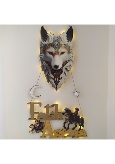 Özel Tasarım Bozkurt Kapı Süsü İsimli Ve Işıklı Ahşap