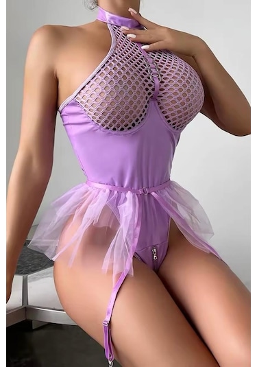 Bikini Mayokini Dünyası Etekli Latex Bodysuit - Lila Lila