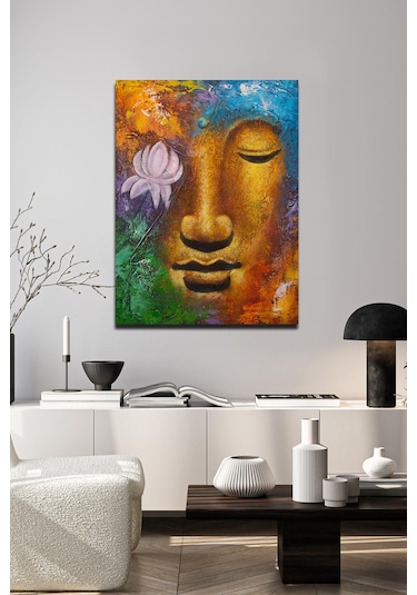 Lotus Çiçeği İle Buda Yüzü Renkli Tuval Tablo-123