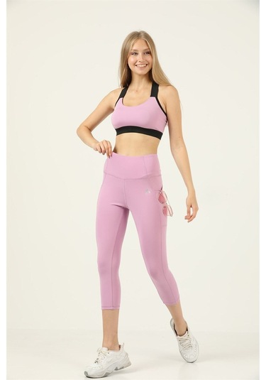 Kadın Lila Yüksek Bel Toparlayıcı Çift Cepli Diz Altı Kapri Tayt Capri 1054 Slim Fit 1054 Lila