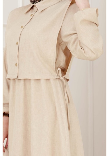 Yanları Bağlamalı Elbiseli Takım-bej-5022 Bej