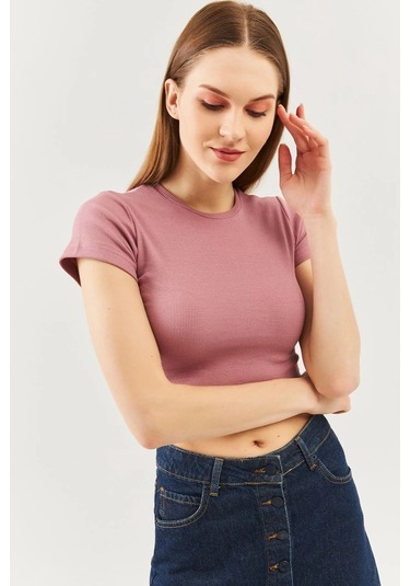 Kadın Kısa Kol Bisiklet Yaka Vücuda Oturan %100 Pamuklu Kaşkorse Esnek Crop Bluz Gül Kurusu