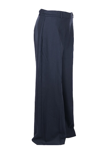 Unique Mode Minimalist Oversize Çizgili Kadın Pantolon - Yüksek Bel Geniş Paça Lacivert