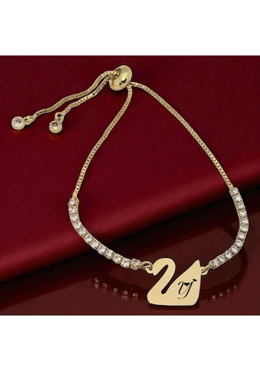 Archin Y Harfine Özel Kuğu Kuşu Motifli 14 Ayar Altın Plakalı Beyaz Taş Detaylı Hediye Bileklik-601harf Y