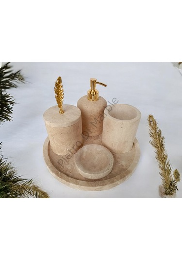 Sarı Traverten Klasik Model 5 Parça Gold Renk Kuş Tüyü Aksesuarlı Banyo Seti Sarı Traverten