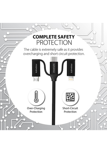 Promate Universal Lightning Type-C Micro-USB Şarj Kablosu Siyah