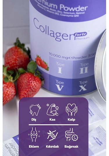 Collagen Forte Çilek Aromalı 1000 Mg Tip 1-2-3-5-10 Toz Kolajen 30 Şase
