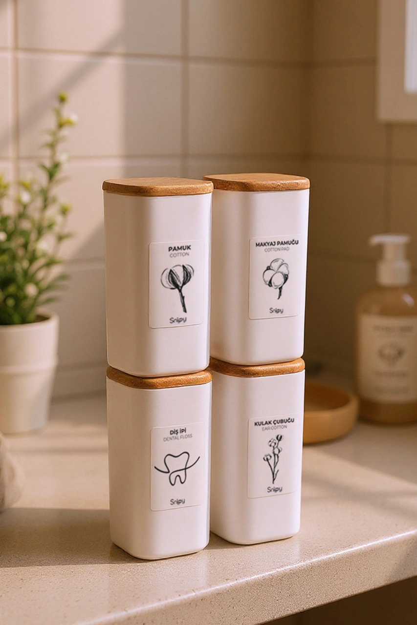 Luvo Beyaz - 4'lü Kare Ahşap Vakum Kapaklı Banyo Düzenleyici Plastik Banyo Seti Etiketli Organizer Beyaz