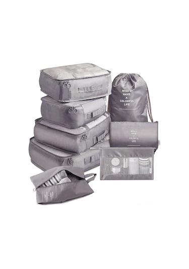 Gajeena Seyahat Organizasyon Çantası 8 Parça Set - Çok Amaçlı Kalın Kumaş Çanta, Gri Renk Seçeneği Gri