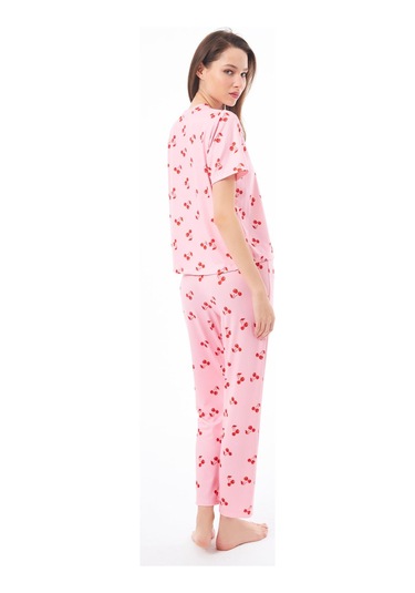 Premium Kadın Pijama Takımı Kiraz Desenli Yumuşak Dokulu Kısa Kollu Bisiklet Yaka Pudra