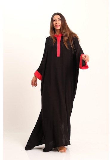 Kadın Siyah Sırtı Otantik Nakışlı Yarasa Kol Oversize Uzun Elbise - Sıyah Siyah