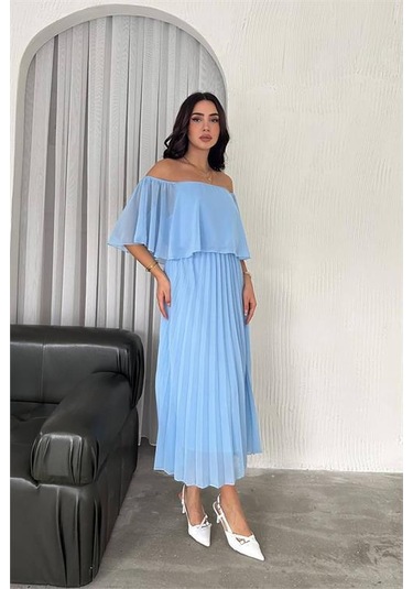 Dipmoda Kadın Madonna Yaka Piliseli Şifon Elbise Dpk2099 Bebe Mavisi