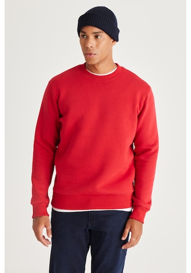 AC&Co / Altınyıldız Classics Erkek Kırmızı Standart Fit Normal Kesim İçi Polarlı Bisiklet Yaka Sweatshirt Kırmızı