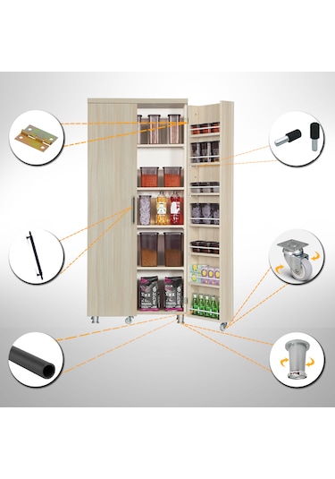 Pasific Home Guzzo Tekerlekli Kiler Çok Amaçlı Erzak Dolabı 80 cm Açık Meşe