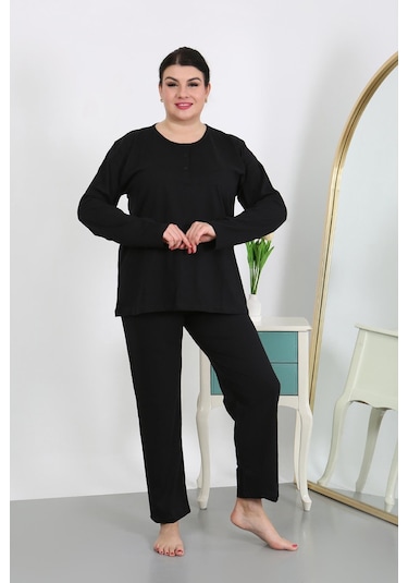 Akbeniz Kadın Büyük Beden Uzun Kol Penye Pijama Takımı Siyah 202501 Siyah