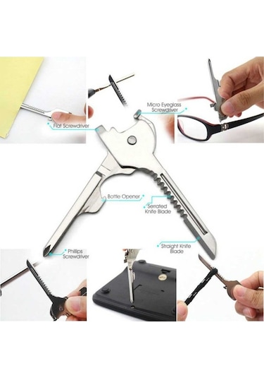 Fortunelane Stainless Çelik Çok İşlevli Katlanabilir Aleti - 6 Fonksiyonlu Somun, Bıçak, Çakmak - Dış Mekan Ve Ev Kullanıma Uygun