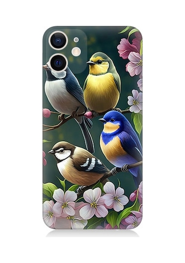 Apple Uyumlu  iPhone 12 Mini Silikon Kılıf Mavi Sarı Ve Siyah Başlı Kuşlar