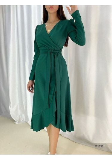 Kadın Yeşil Krep Kumaş Midi Boy Kuşaklı Uzunkol Elbise Bediva 001