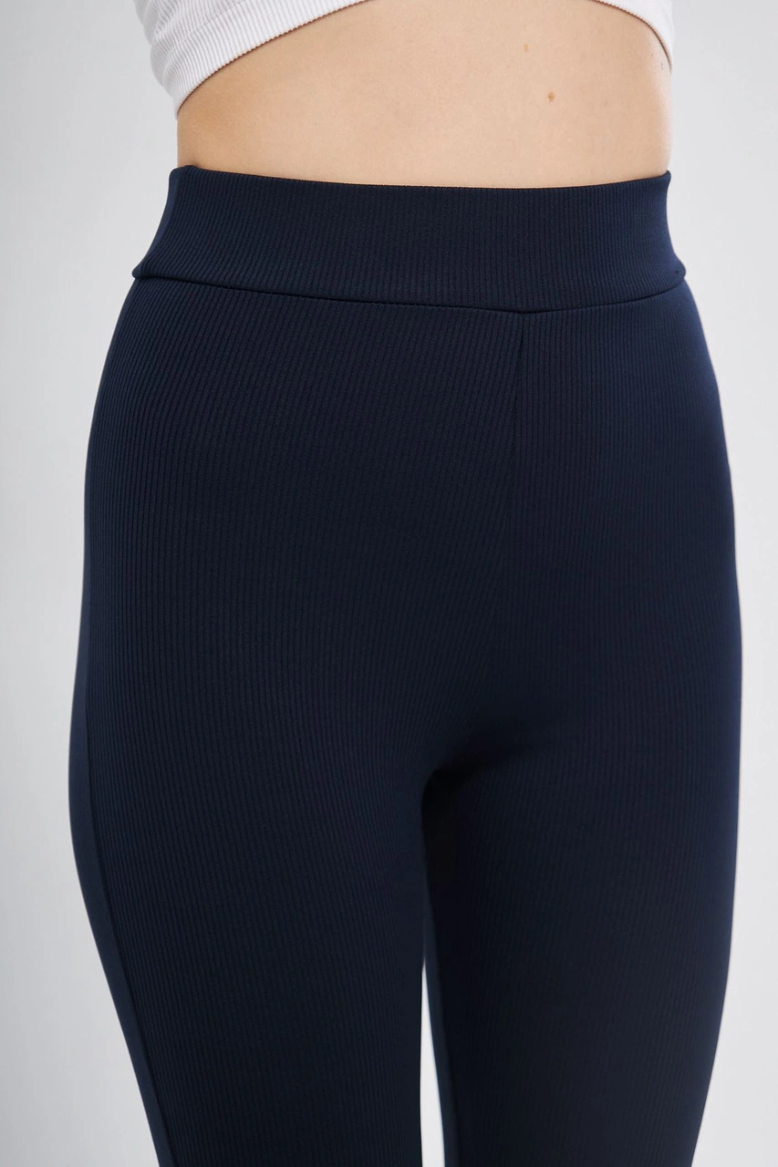 Siyah Yüksek Bel Fitilli Ispanyol Paça Interlok Örme Kadın Tayt Lacivert