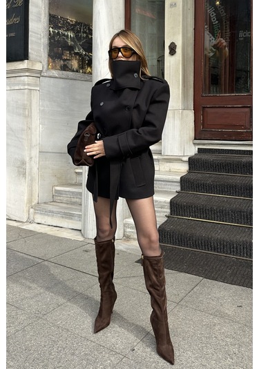 Siyah Ek Parça Yaka Detaylı Kaşe Kaban - 1125 Siyah