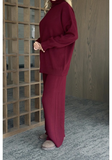 Laluvia Bordo Boğazlı Fitilli Triko Takım - 4671 Bordo