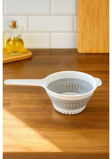 Yer Kaplamaz Katlanabilir Saplı Süzgeç - Akordiyon - Katlanır Süzgeç - Pirinç Meyve Yıkama Süzgeci Beyaz - Gri