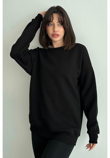 Kadın Siyah Bisiklet Yaka Oversize Sweatshirt Siyah