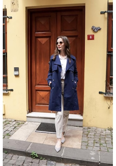 Pastelastore %100 Pamuk Gabardin Midi 95cm Astarlı Kemerli Kadın Trençkot 1113 Lacivert