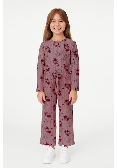 Kız Çocuk Pijama Altı Beli Lastikli Tavşan Baskılı Gülkurusu