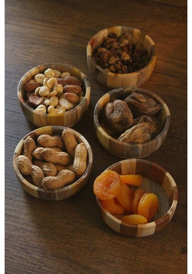 5li Ahşap Çerez Kase Seti Ağaç Renkli Tasarımlı