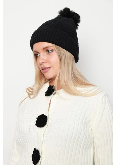 Kalın Ponponlu İçi Yünlü Kadın Bere 1140 Rkş-17 Siyah Siyah