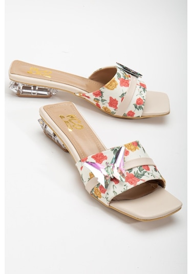 Çiçekli Saten Kelebek Taş Tokalı Ten Kadın Kısa Topuklu Terlik-3088-ten Ten