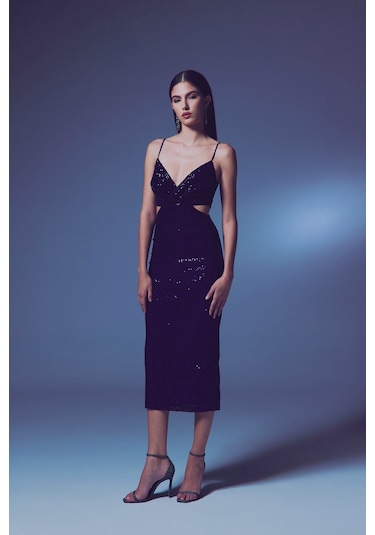 Dekolteli Payet Elbise - Lacivert-135645 Lacivert