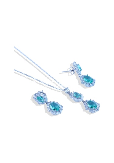 Elips Çiçek Paraiba Taşlı Gümüş Set Gümüş