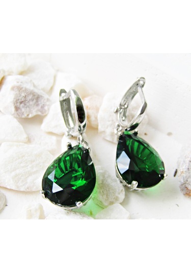 Lilahgümüştr Gümüş Damla Yeşil Taşlı Kadın Küpe