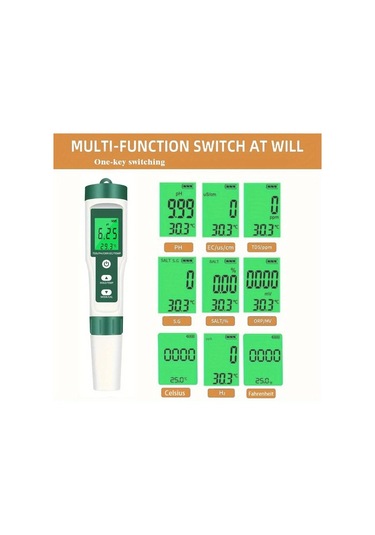 Meridiangoods Yeşil 9'u 1 Arada Su Kalitesi Test Kalemi Ph Orp Ec Tds Sıcaklık Ölçer Taşınabilir