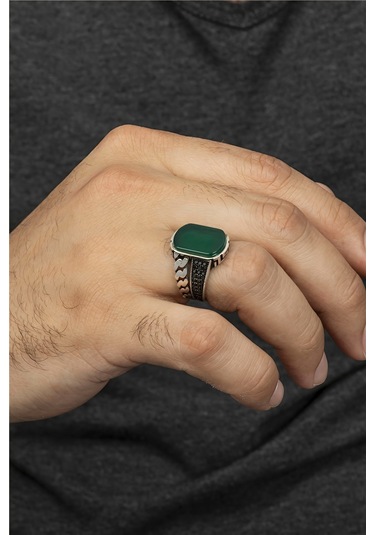 Zincir Desenli Mikro Süslemeli Karartmalı Gümüş Erkek Yüzük -8345 Gümüş