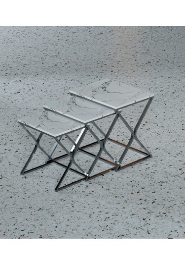 Makbulce Bulut 3lü Zigon Sehpa Krom Ayak Beyaz Mermer