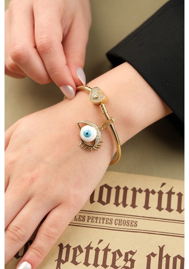 Çildan Womens Gold Özel Tasarım Zirkon Taşlı Göz Ve Kalp Detaylı Altın - Gümüş - Rose