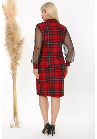 Kadın Kırmızı Siyah Ekose Desen Yaka Detay Tül Kol Büyük Beden Esnek Süet Elbise Kırmızı