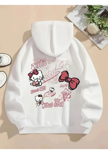 Kışlık Kapüşonlu Sweatshirt, Çocuk Hello Kitty Sırt Baskılı BEYAZ