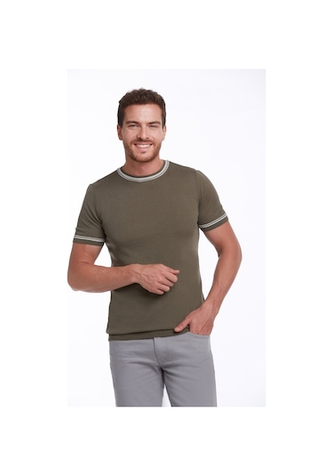 Hatemoğlu Haki Slim Fit Basic Bisiklet Yaka Triko Tişört-Haki