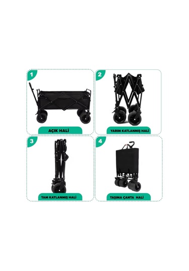 Katlanır El Arabası Wagon Araba Kamp Arabası 100 Kg Taşıma Kapasiteli Outdoor Plaj Kamp Arabası Siyah