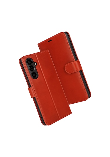 Samsung Galaxy Uyumlu S25 Fe Kılıf Deri Deluxe Cüzdanlı Kapaklı Case Kırmızı
