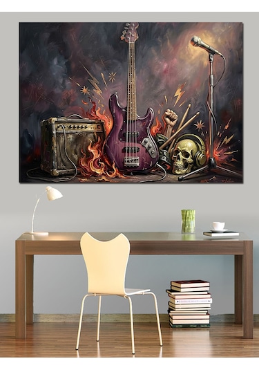 Kurukafa Ve Elektro Gitar Rock Dekoratif Kanvas - Mdf Ahşap Tablo